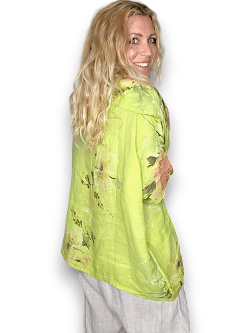 Bright Lime Big Blossom Split Collar Moku Top