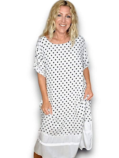 White Polka Dot Button Sleeve Hem Dress