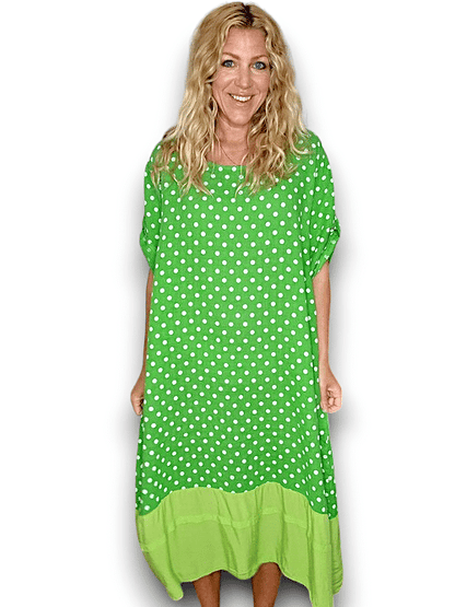 Bright Green Polka Dot Button Sleeve Hem Dress