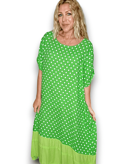 Bright Green Polka Dot Button Sleeve Hem Dress