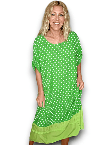 Bright Green Polka Dot Button Sleeve Hem Dress