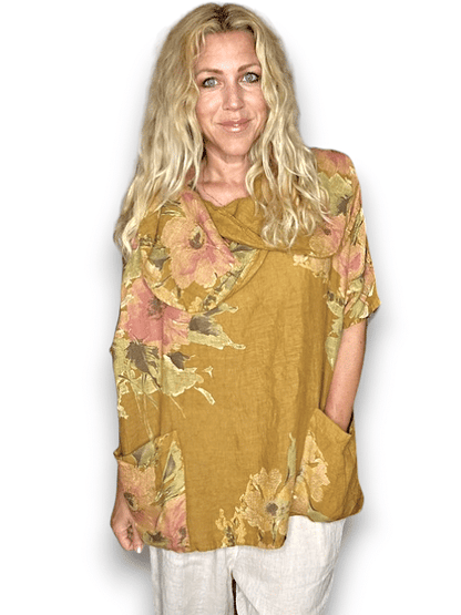 Mustard Big Blossom Split Collar Moku Top