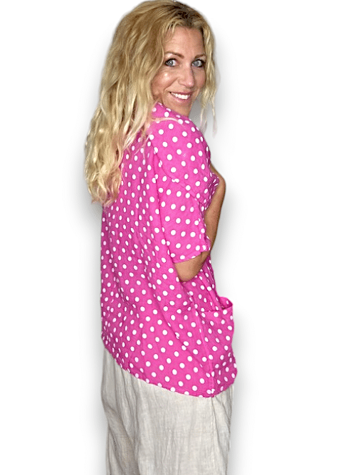 Hot Pink Polka Dot Split Collar Moku Top