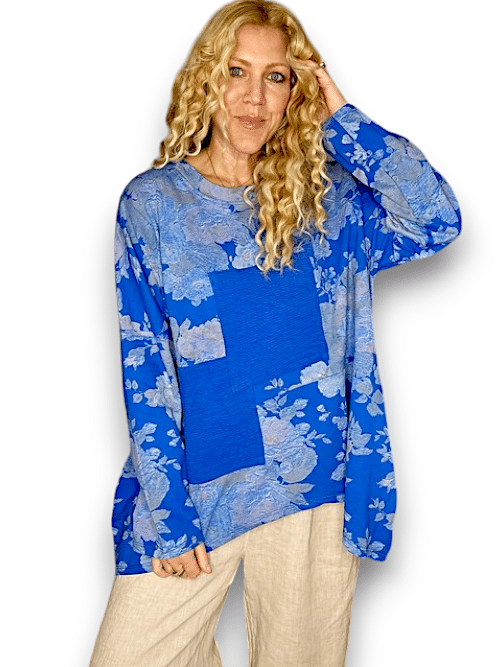 Cobalt Scarlett Rose Patchwork Cotton Sweater