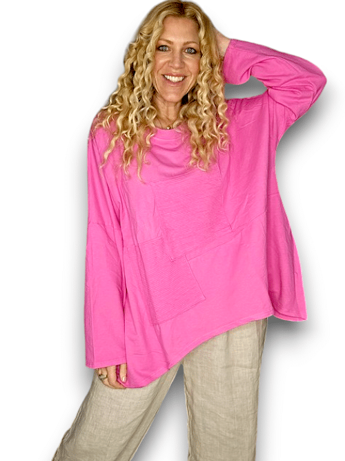 Hot Pink Plain Patchwork Cotton Sweater