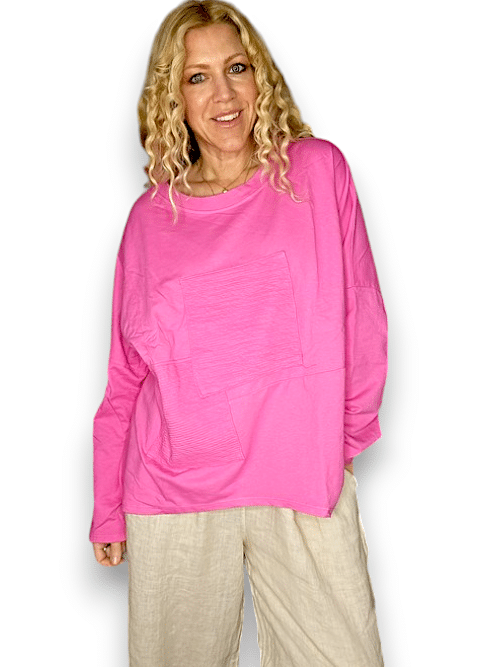 Hot Pink Plain Patchwork Cotton Sweater