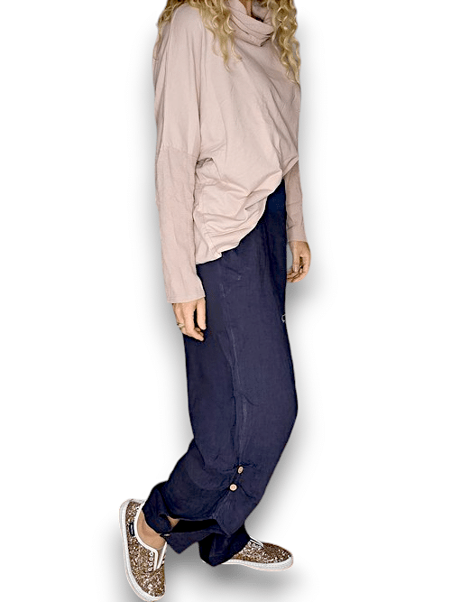 Navy wide elastic waist linen Pant