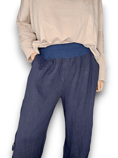 Navy wide elastic waist linen Pant