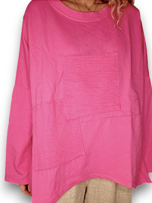 Hot Pink Plain Patchwork Cotton Sweater