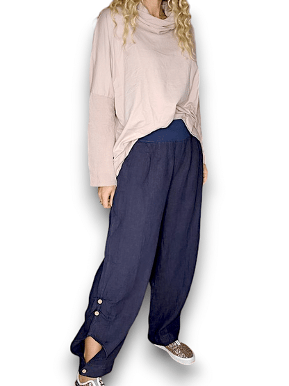 Navy wide elastic waist linen Pant