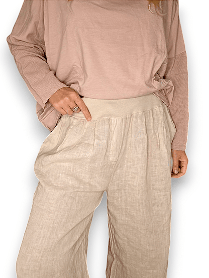 Light Beige wide elastic waist linen Pant