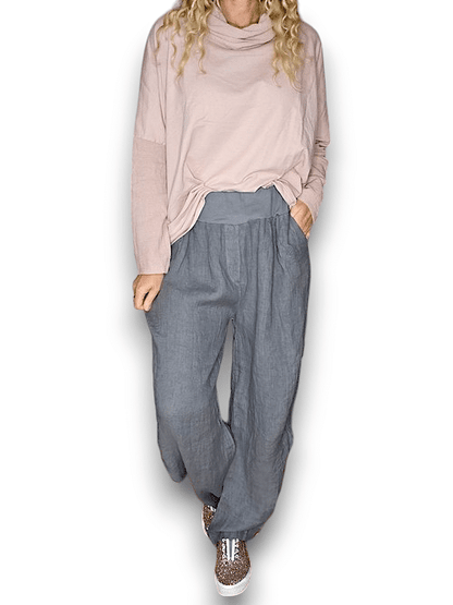 Grey wide elastic waist linen Pant