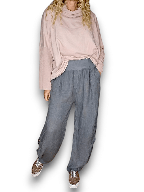 Grey wide elastic waist linen Pant