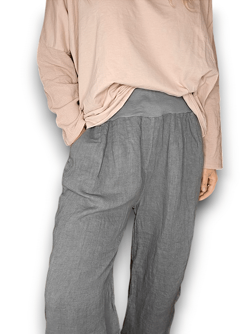 Grey wide elastic waist linen Pant