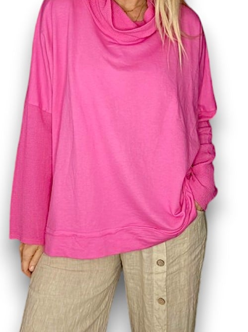 Hot Pink Plain Moku Cotton w details Sweater