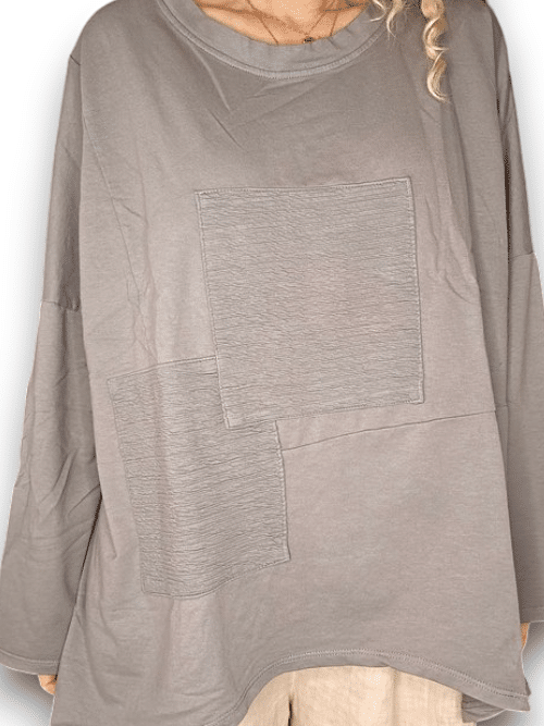 Grey Plain Patchwork Cotton Sweater