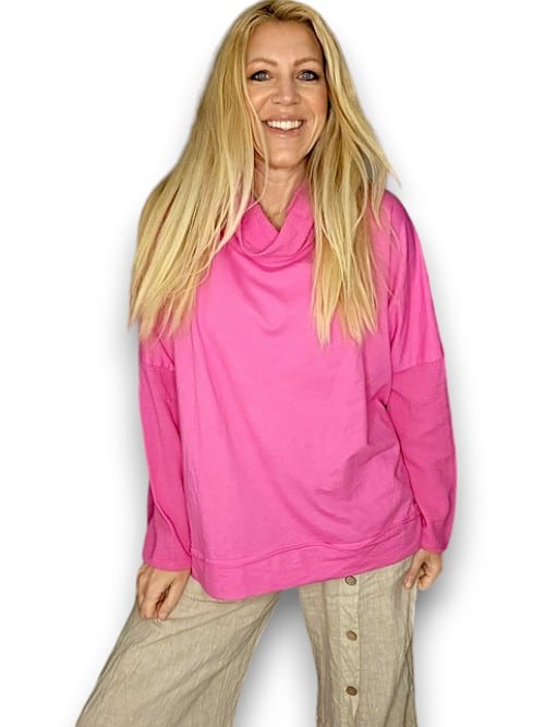 Hot Pink Plain Moku Cotton w details Sweater