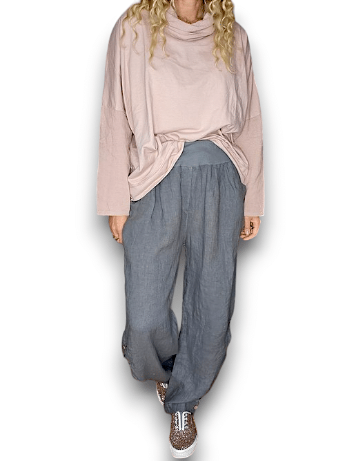 Grey wide elastic waist linen Pant