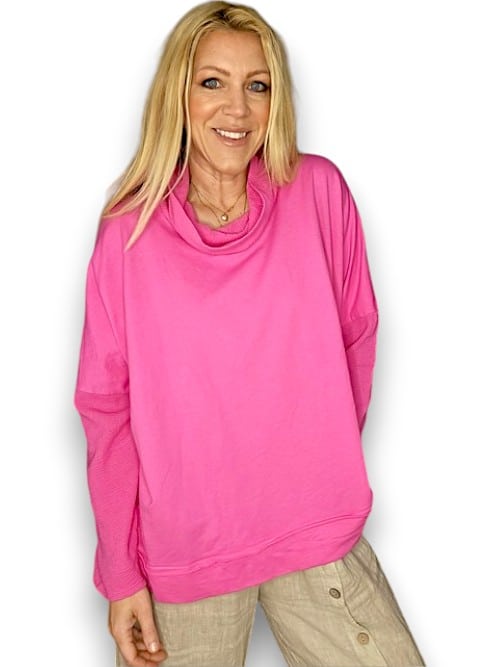 Hot Pink Plain Moku Cotton w details Sweater