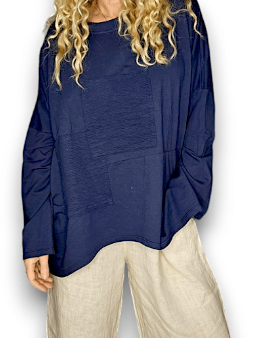 Navy Plain Patchwork Cotton Sweater