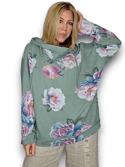 Sage Green Ombre Peony Cotton Hoodie