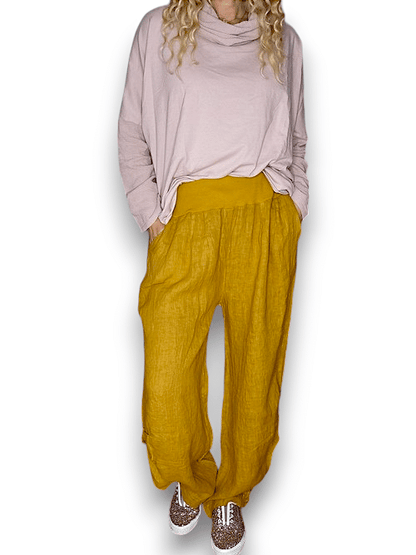 Mustard wide elastic waist linen Pant