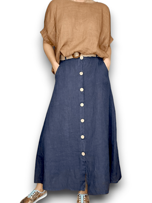 Navy Midi Raffia Belt/Coconut Button Skirt