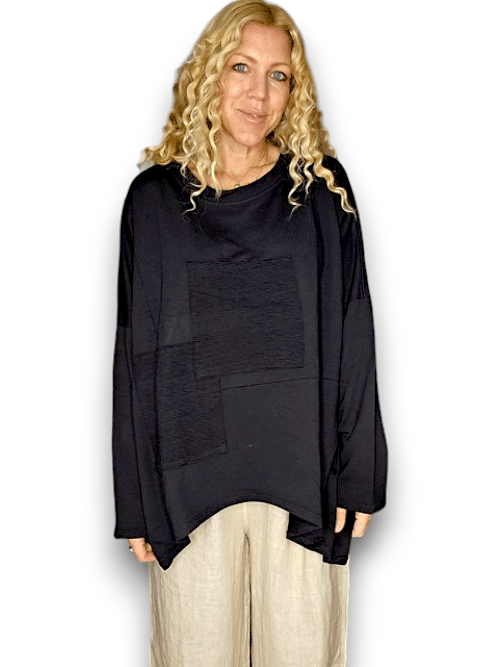 Black Plain Patchwork Cotton Sweater