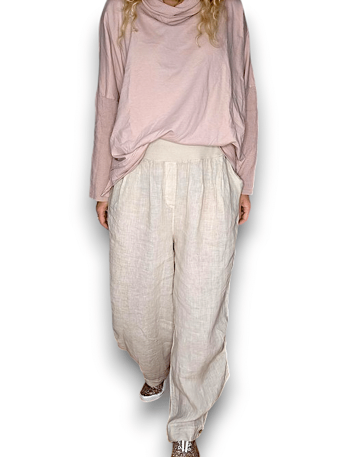 Light Beige wide elastic waist linen Pant