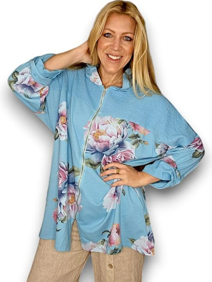 Light Turquoise Ombre Peony Patchwork Hoodie