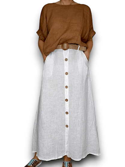 White Midi Raffia Belt/Coconut Button Skirt