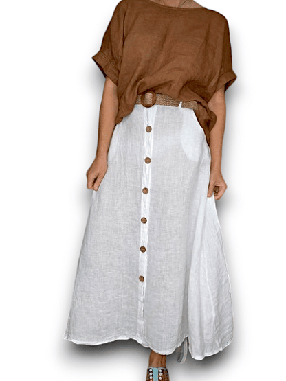 White Midi Raffia Belt/Coconut Button Skirt