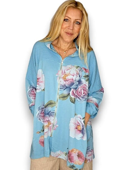 Light Turquoise Ombre Peony Patchwork Hoodie