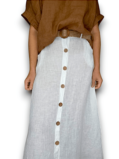 White Midi Raffia Belt/Coconut Button Skirt