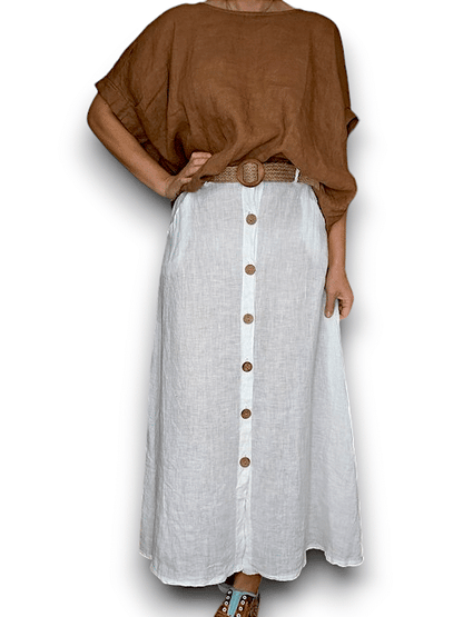 White Midi Raffia Belt/Coconut Button Skirt