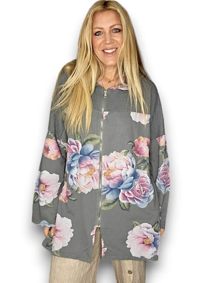 Grey Ombre Peony Patchwork Hoodie