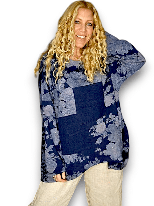 Navy Scarlett Rose Patchwork Cotton Sweater