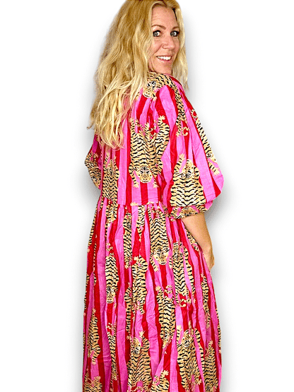 IDA IVY Pouf Sl Dress/Tiger Stripe/Hot Pink