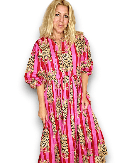 IDA IVY Pouf Sl Dress/Tiger Stripe/Hot Pink