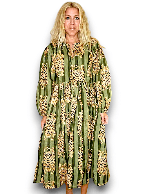 IDA IVY Pouf Sl Dress/Tiger Stripe/Drk Green