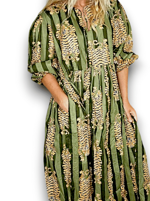 IDA IVY Pouf Sl Dress/Tiger Stripe/Drk Green