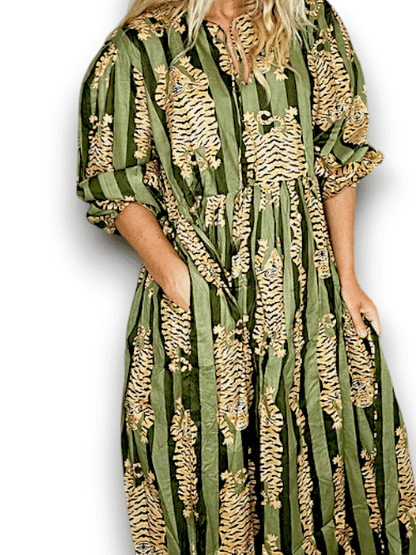 IDA IVY Pouf Sl Dress/Tiger Stripe/Drk Green