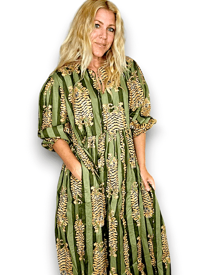 IDA IVY Pouf Sl Dress/Tiger Stripe/Drk Green
