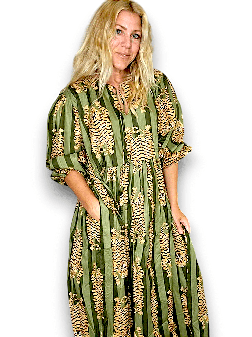 IDA IVY Pouf Sl Dress/Tiger Stripe/Drk Green