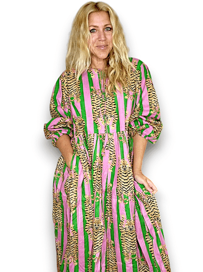 IDA IVY Pouf Sl Dress/Tiger Stripe/Pink/Green