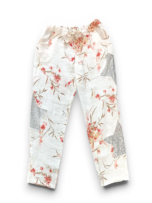 White Aika Rose Linen Sequin Star Pants