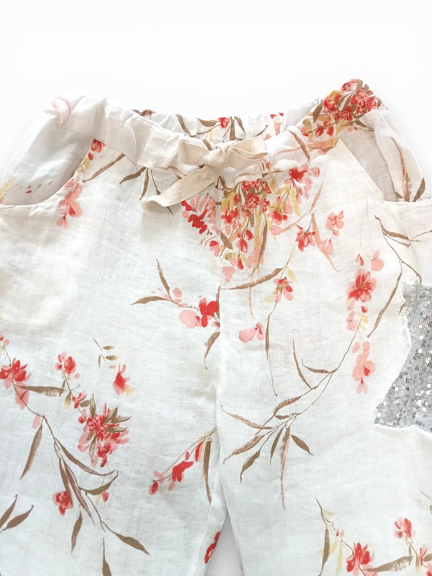 White Aika Rose Linen Sequin Star Pants