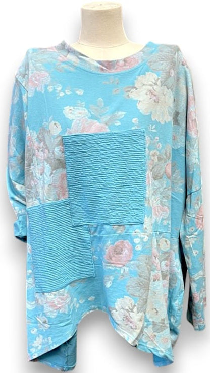 Light Turquoise Scarlett Rose Patchwork Cotton Sweater