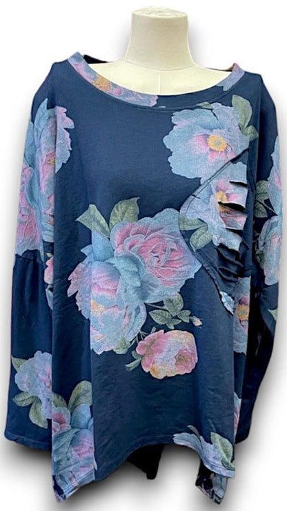 Navy Ombre Peony Ripped Cotton Sweater