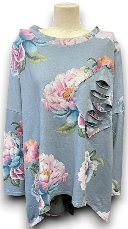 Petrol Ombre Peony Ripped Cotton Sweater